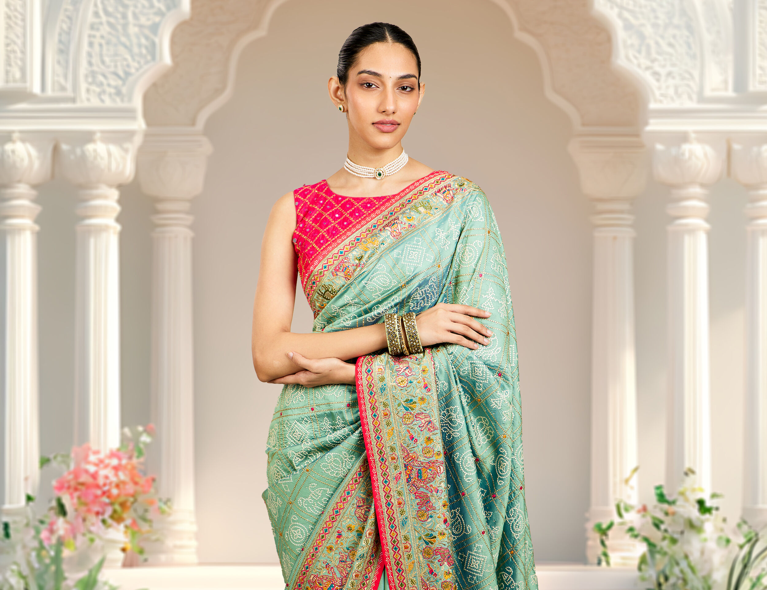 women wearing Embroidered Saree With Mirror And Sequin Work